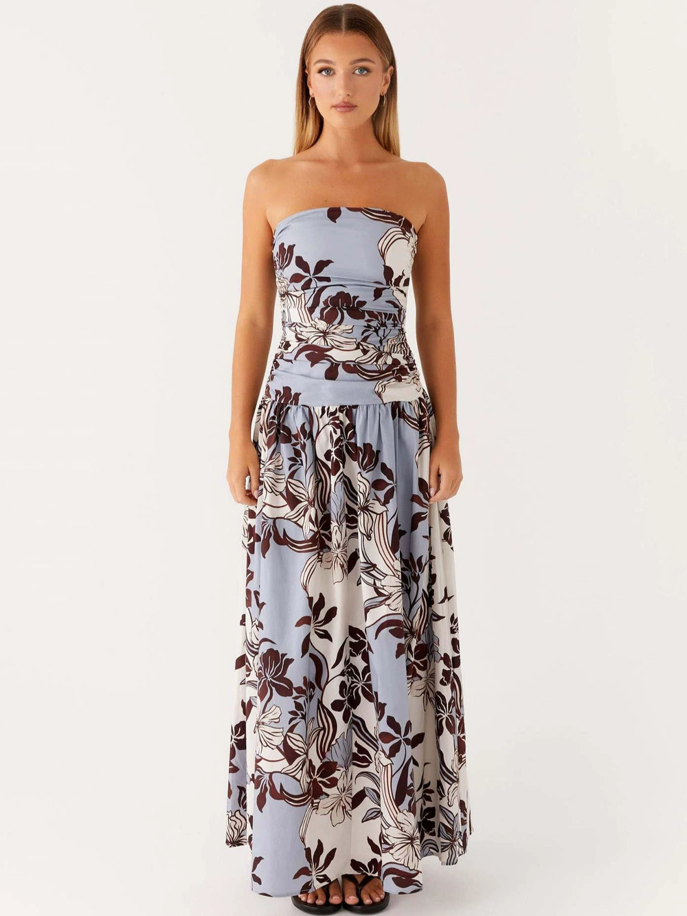 Zara Off Shoulder Strapless Cinched Waist Printed Dress
